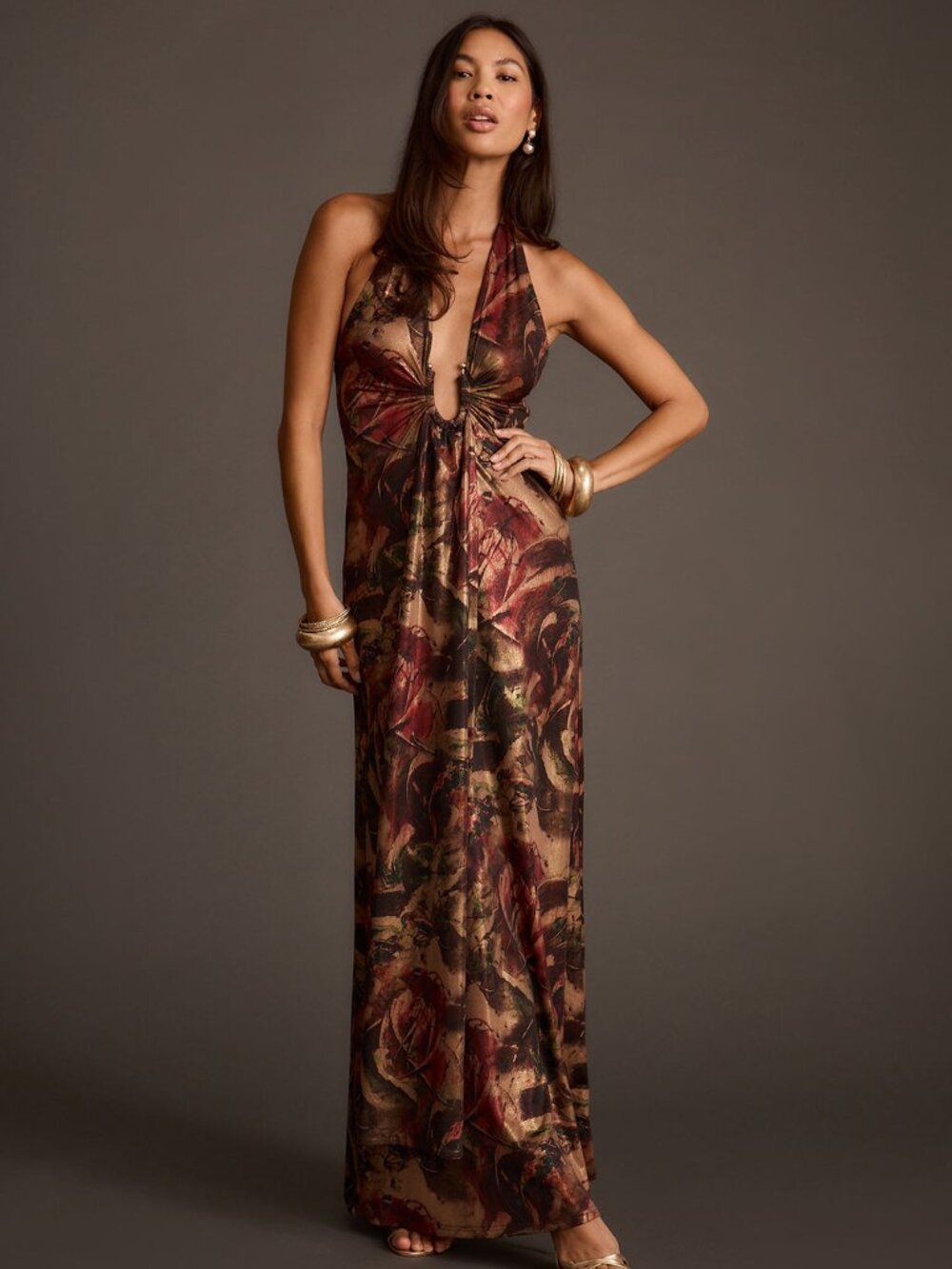 12th Tribe Alondra Dark Floral Plunge Maxi Dress Size L